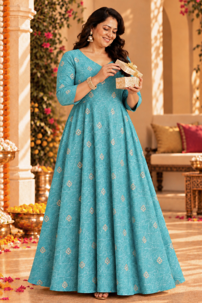Aqua Treasure Foiled Muslin Dress