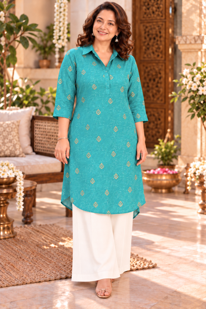 Aqua Treasure Muslin Kurta With Foil Print