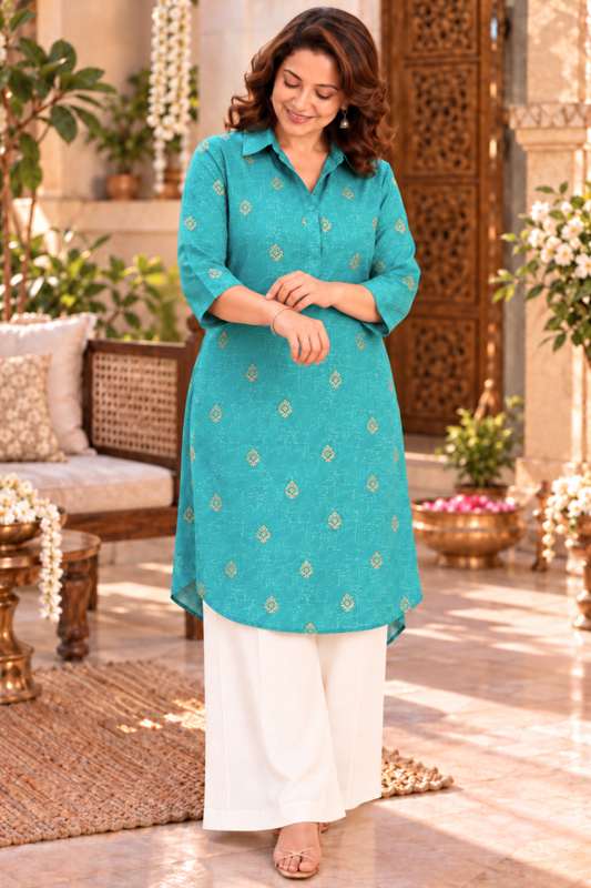 Aqua Treasure Muslin Kurta With Foil Print