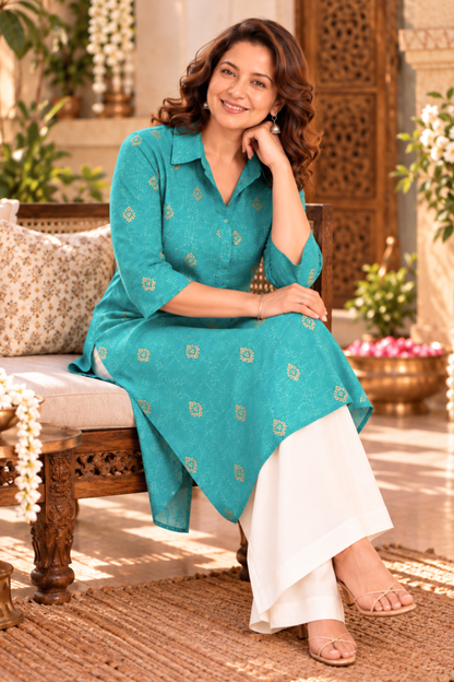 Aqua Treasure Muslin Kurta With Foil Print