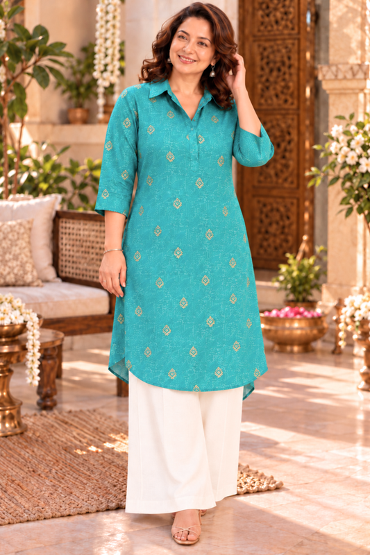 Aqua Treasure Muslin Kurta With Foil Print