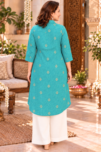 Aqua Treasure Muslin Kurta With Foil Print