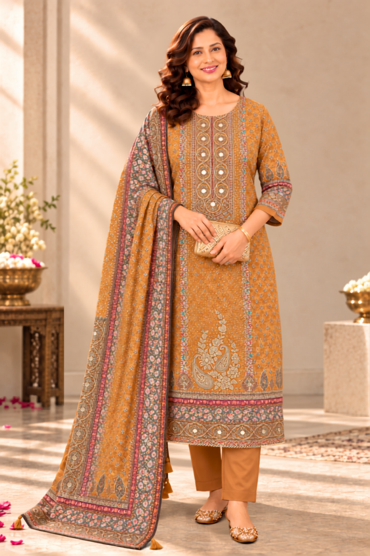 Riyah Karachi Muslin Suit With Mirror Work