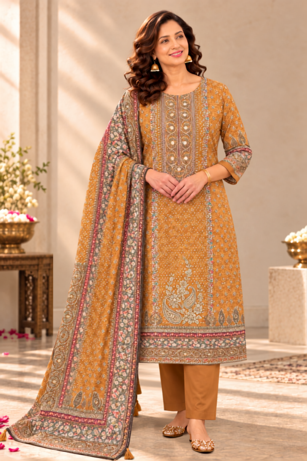 Riyah Karachi Muslin Suit With Mirror Work