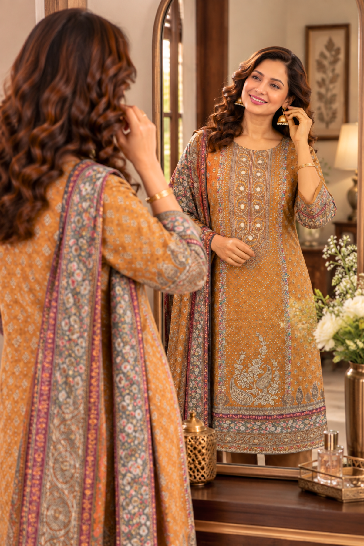 Riyah Karachi Muslin Suit With Mirror Work