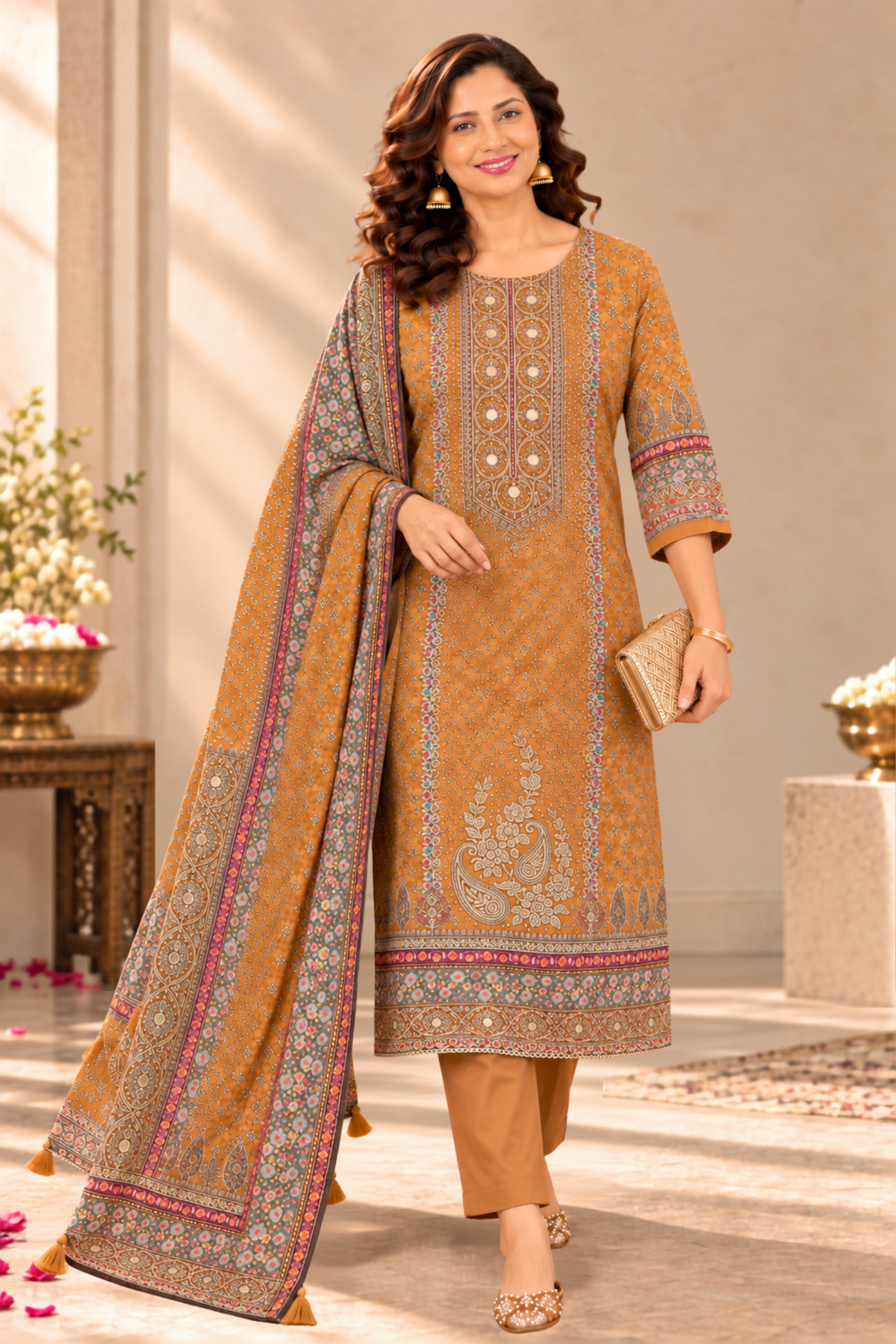 Riyah Karachi Muslin Suit With Mirror Work