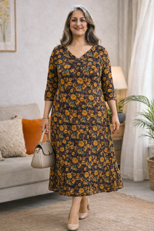Autumn Floral Georgette Dress With Pockets