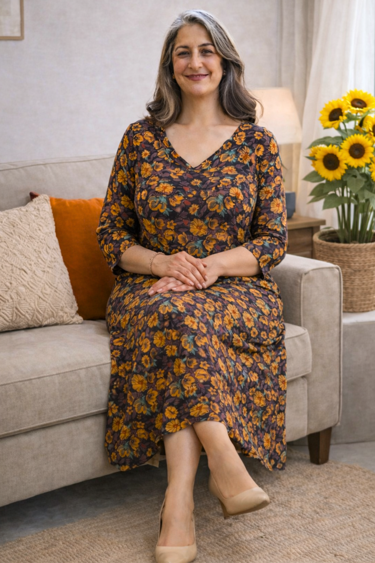 Autumn Floral Georgette Dress With Pockets
