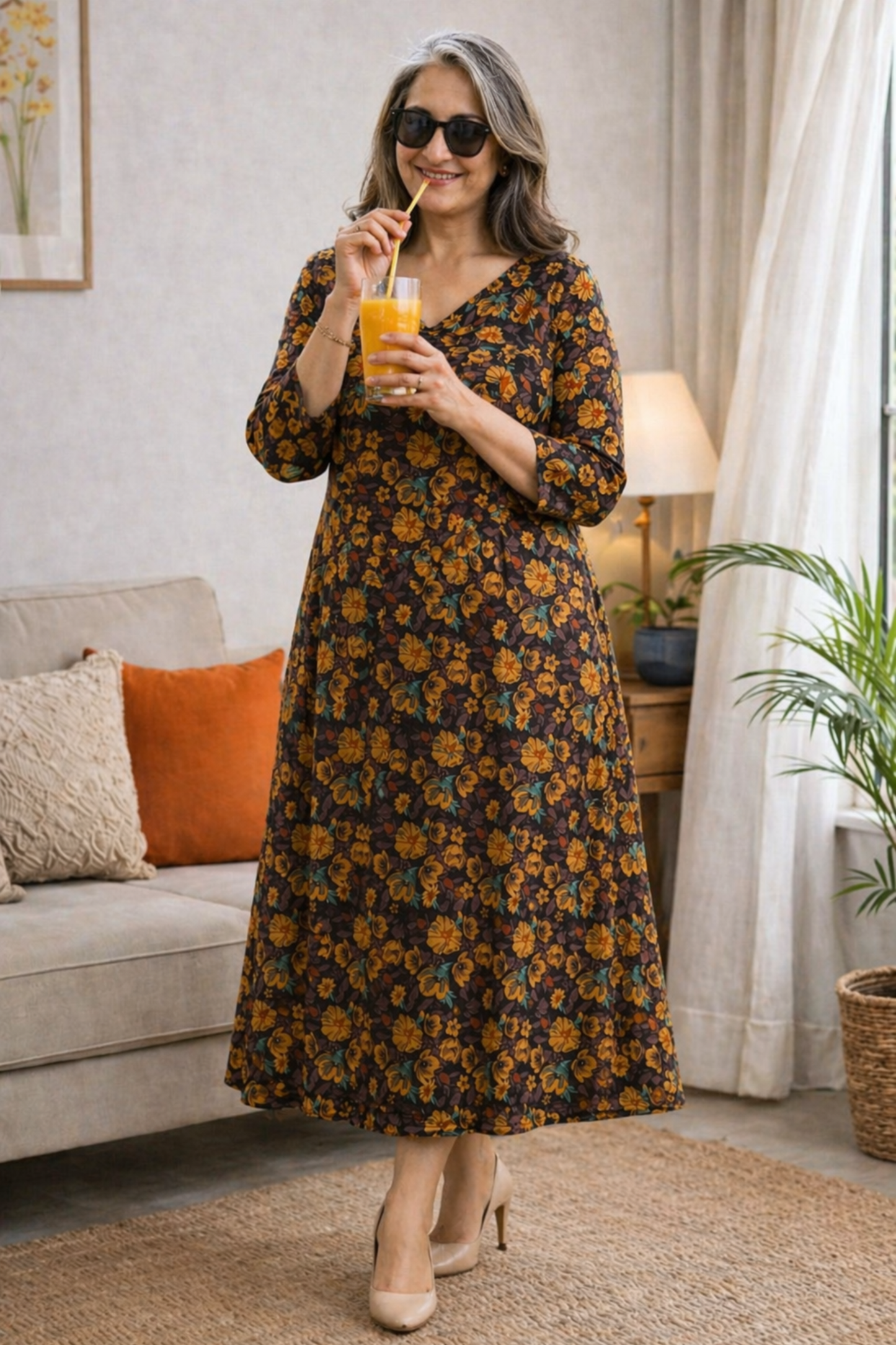 Autumn Floral Georgette Dress With Pockets