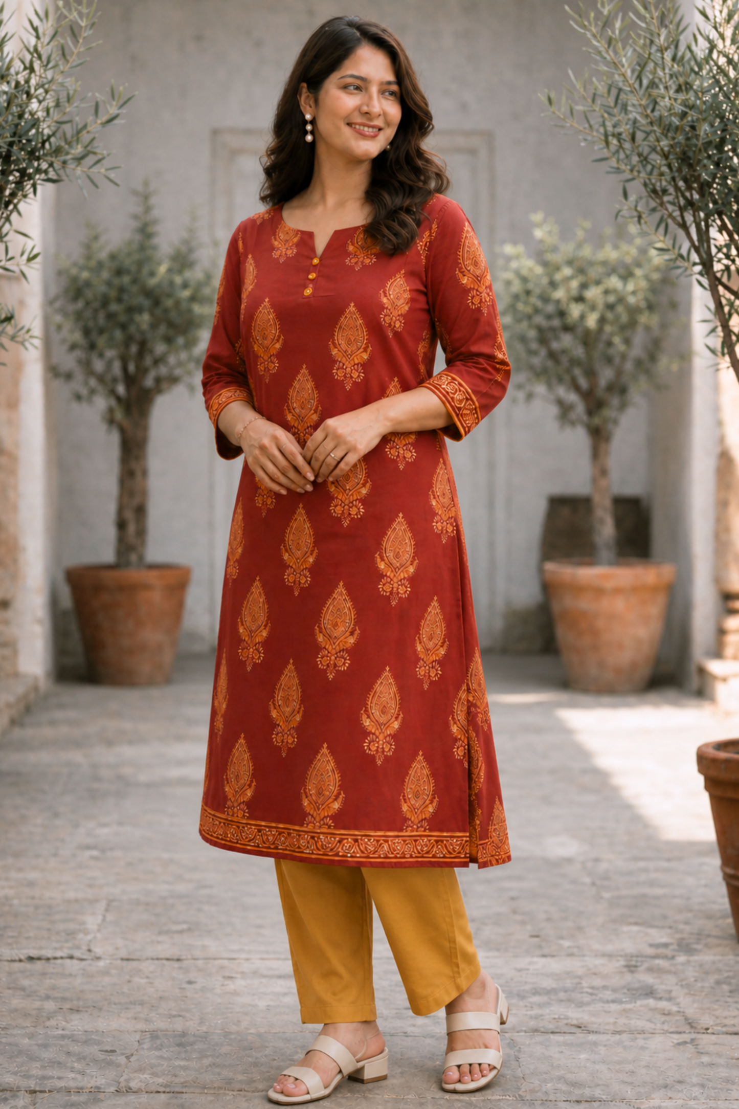 Autumn Leaf Printed Cotton Kali Kurta With Cotton Pants