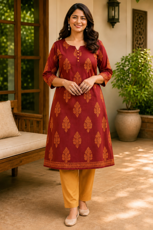 Autumn Leaf Printed Cotton Kali Kurta With Pants