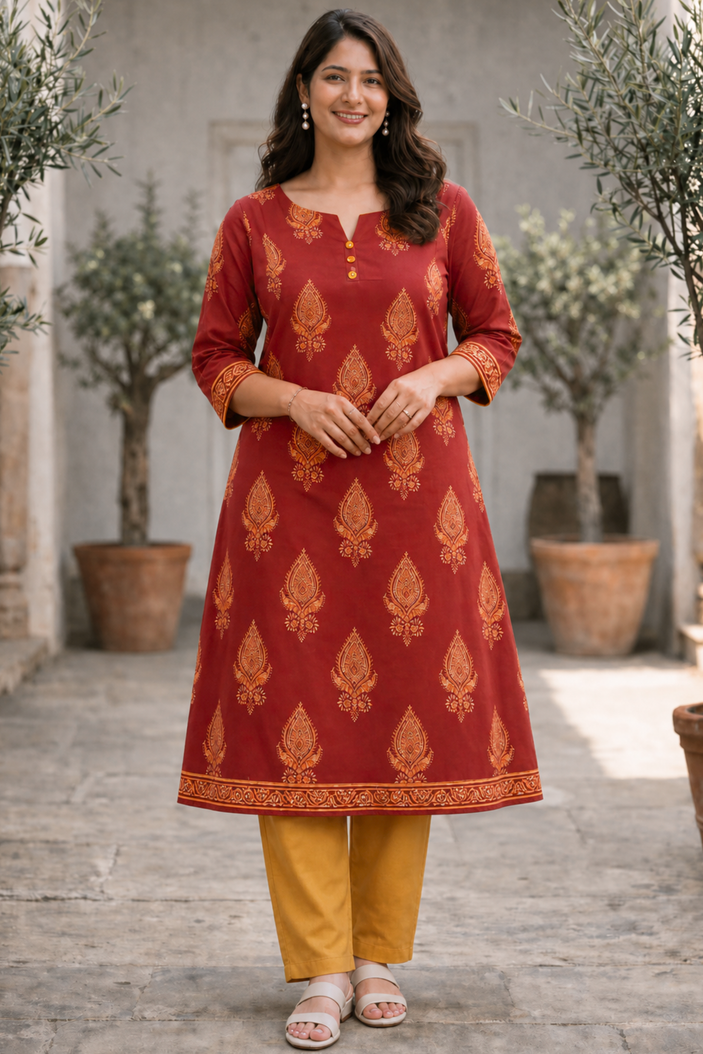 Autumn Leaf Printed Cotton Kali Kurta