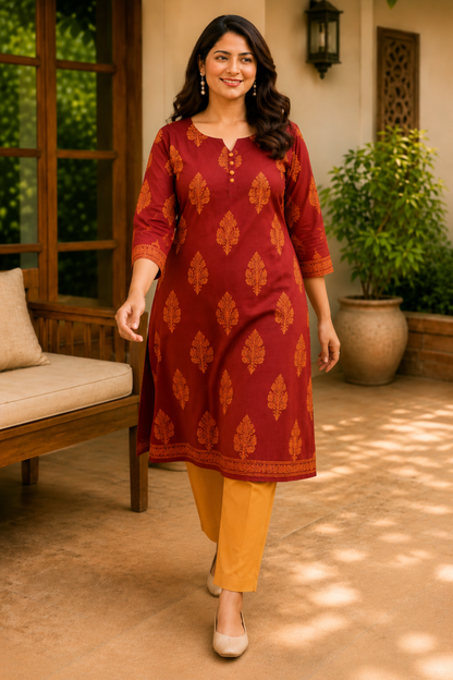 Autumn Leaf Printed Cotton Kali Kurta