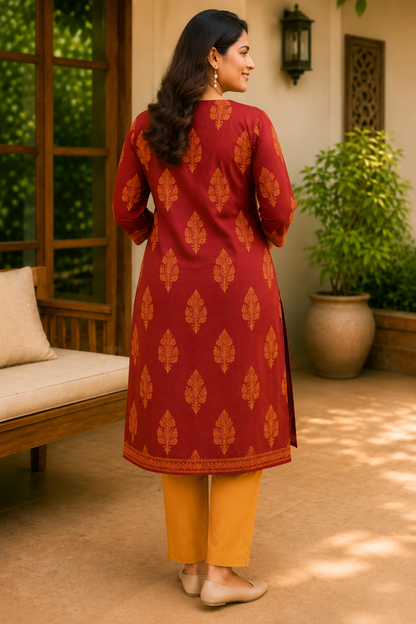 Autumn Leaf Printed Cotton Kali Kurta