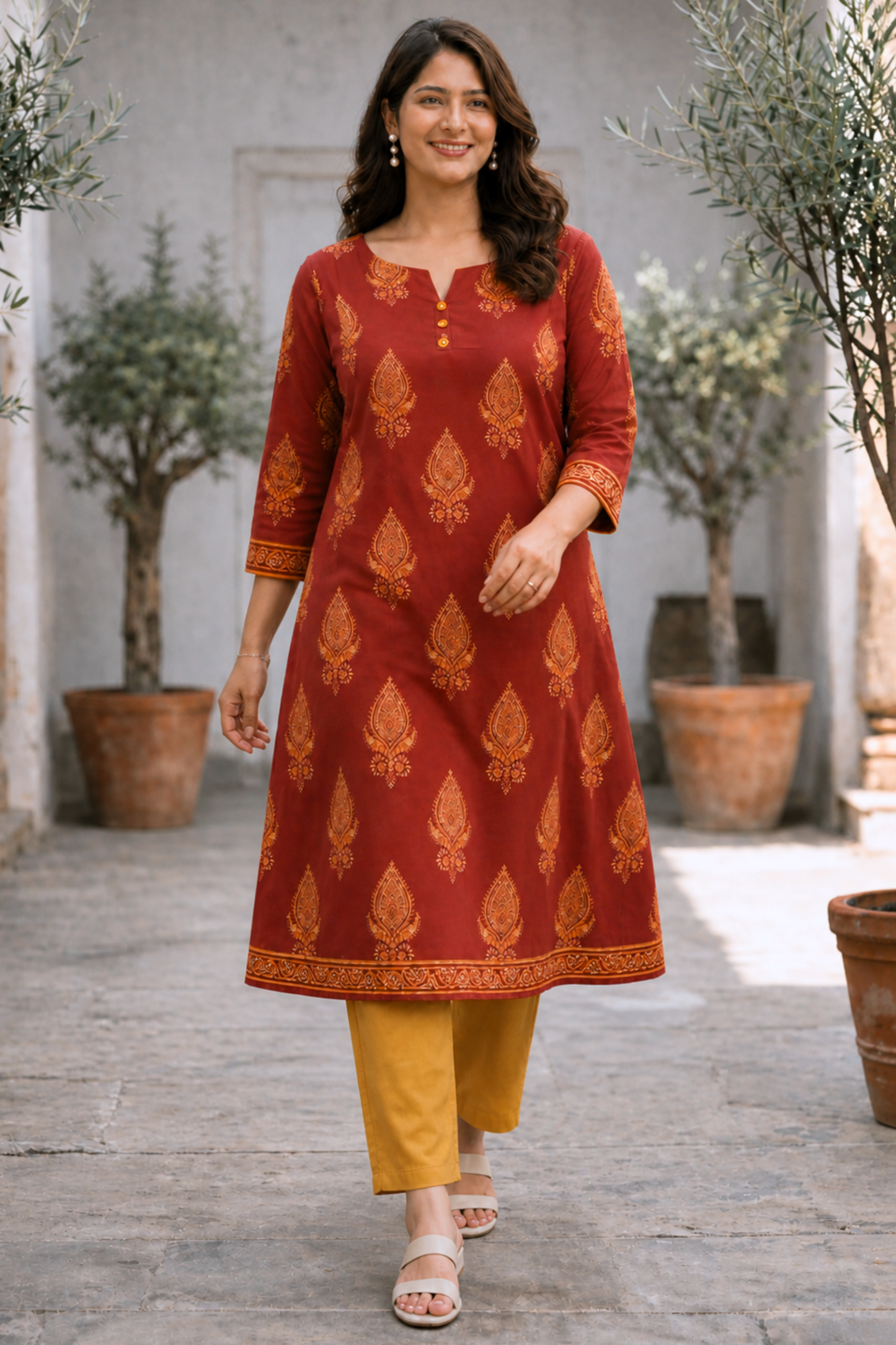 Autumn Leaf Printed Cotton Kali Kurta