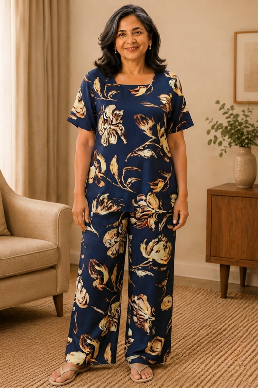 Autumn Noir Floral Rayon Night Suit