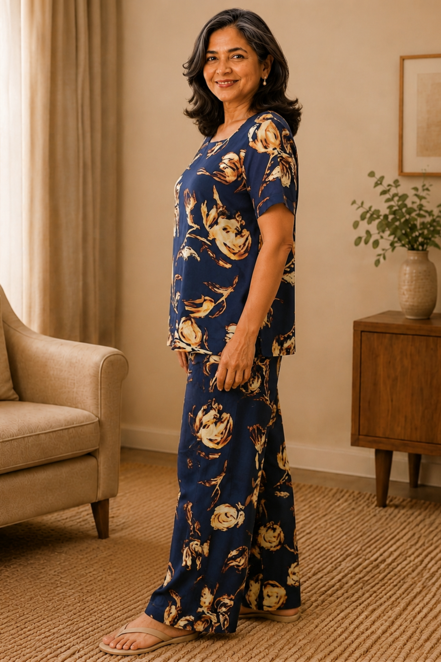 Autumn Noir Floral Rayon Night Suit