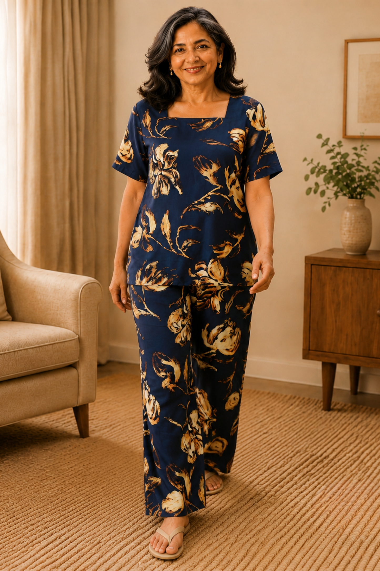 Autumn Noir Floral Rayon Night Suit