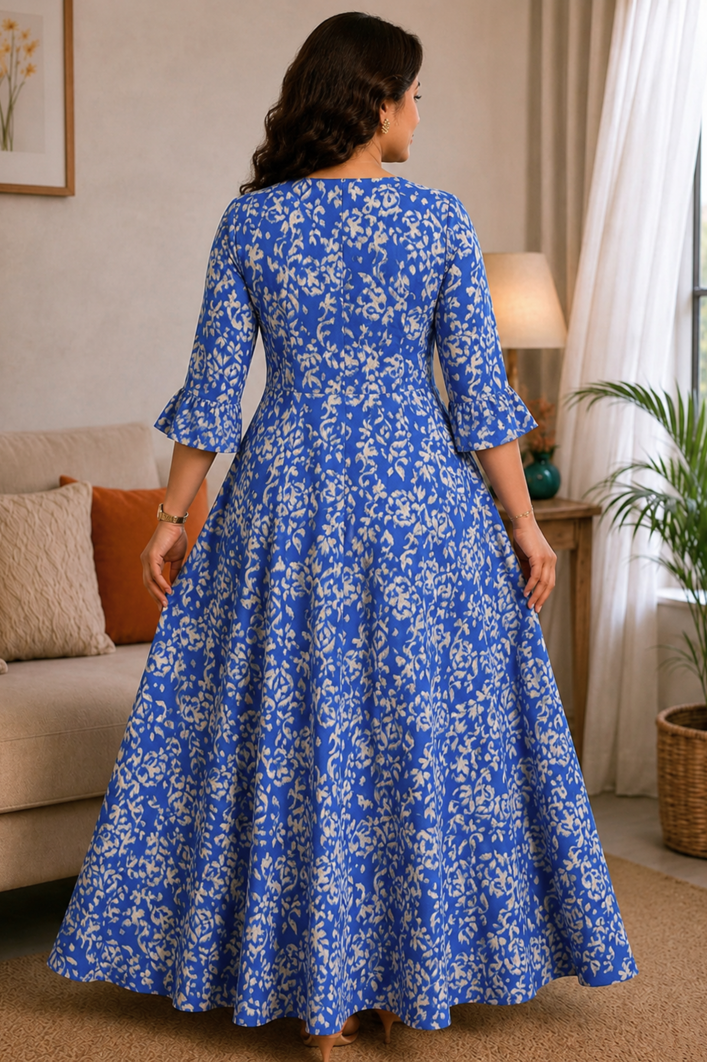 Azure Bloom Rayon Printed Dress With Pockets