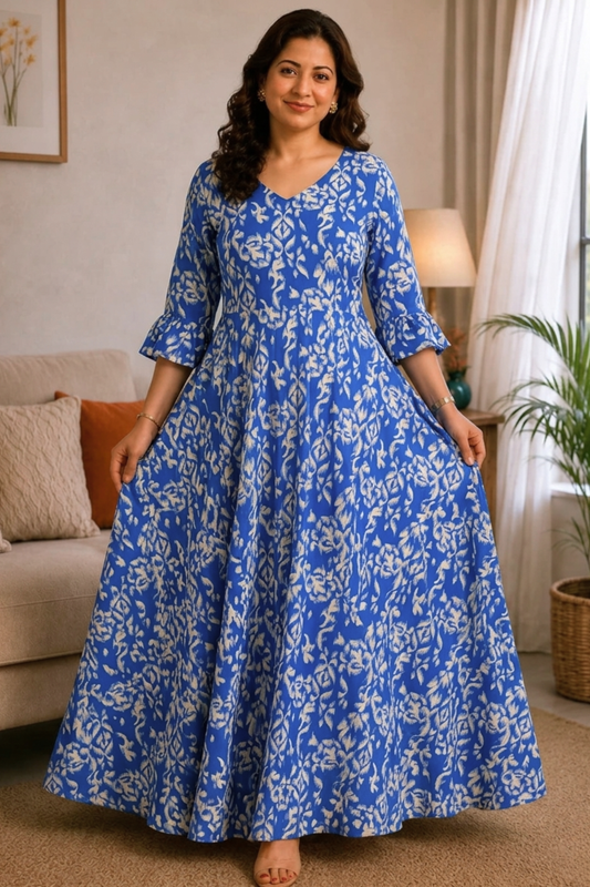 Azure Bloom Rayon Printed Dress With Pockets