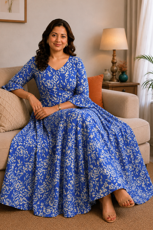 Azure Bloom Rayon Printed Dress With Pockets