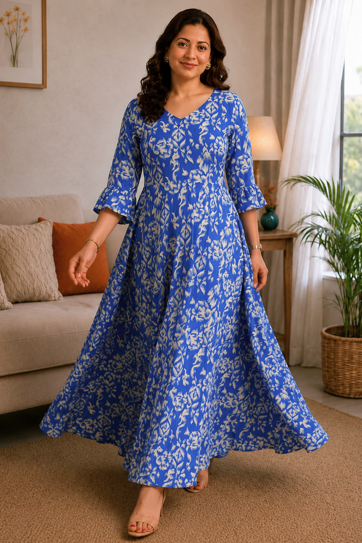 Azure Bloom Rayon Printed Dress With Pockets