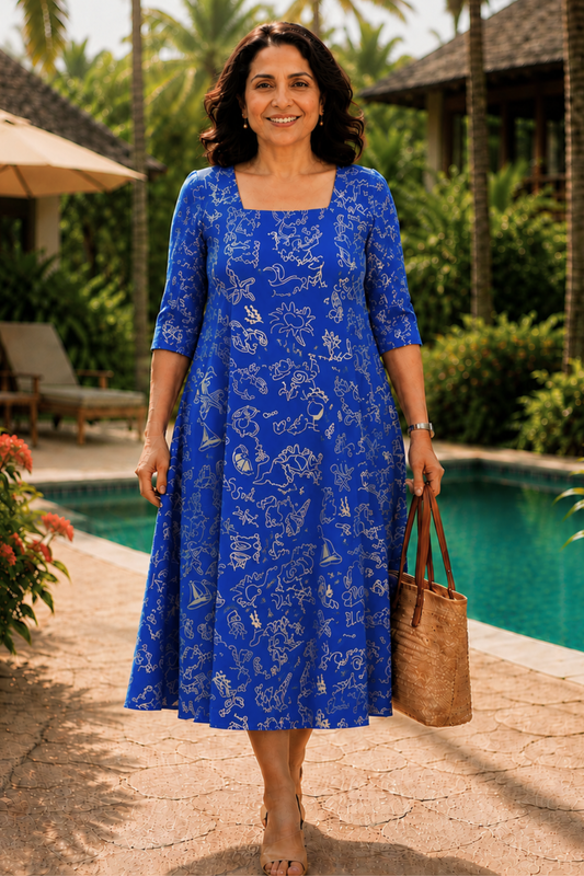 Azure Doodle Printed Dress With Pockets