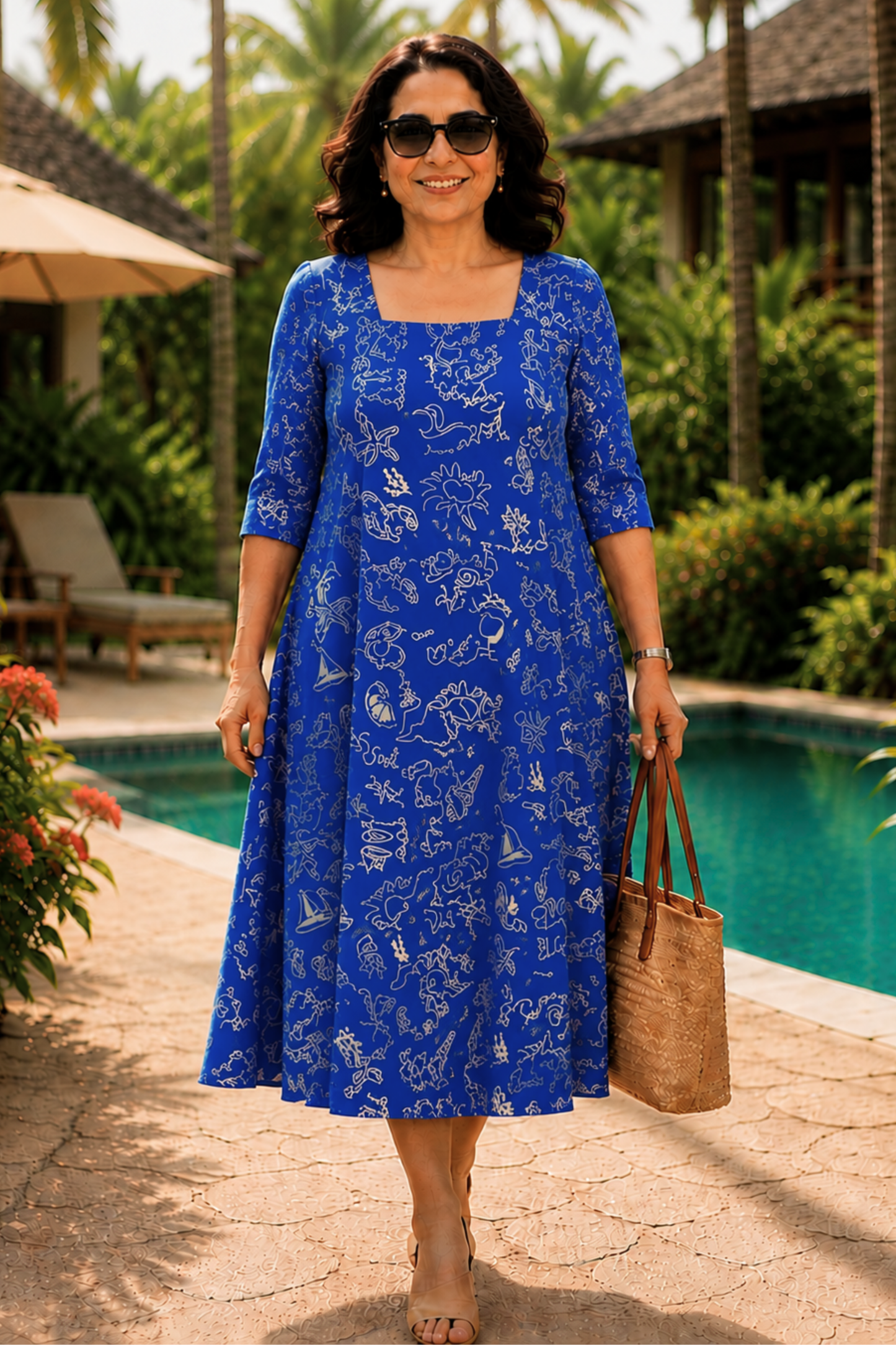 Azure Doodle Printed Dress With Pockets