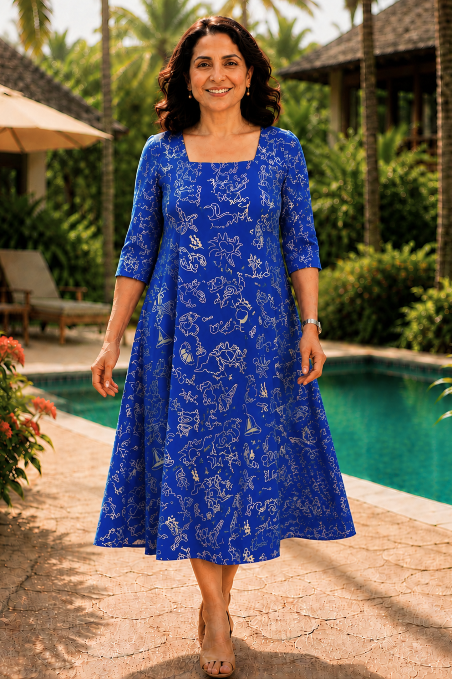 Azure Doodle Printed Dress With Pockets
