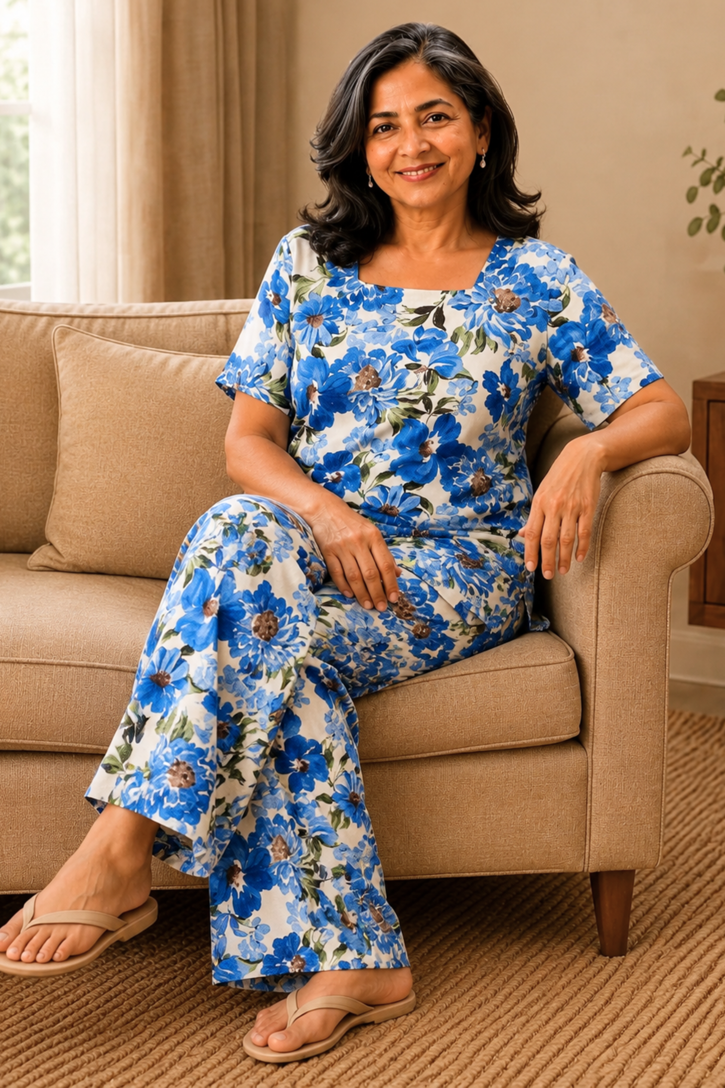 Azure Reverie Floral Night Suit