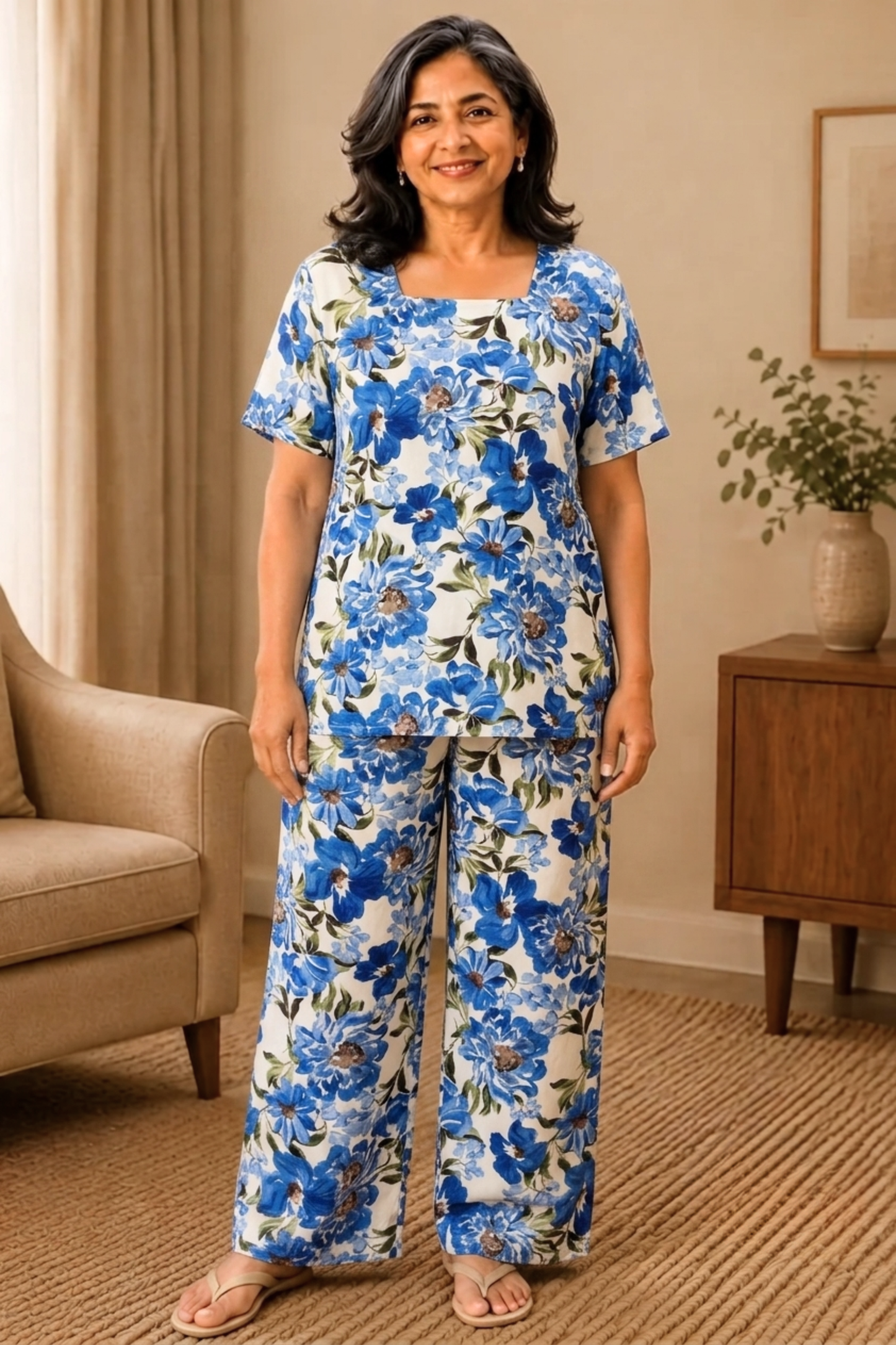 Azure Reverie Floral Night Suit