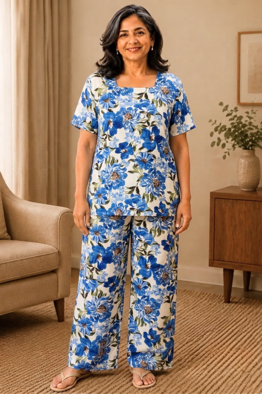 Azure Reverie Floral Night Suit