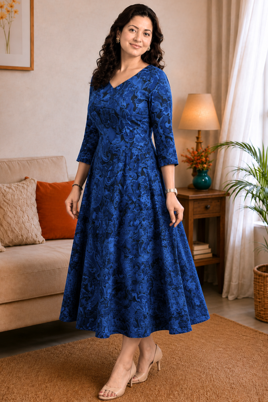 Azure Swirl Georgette Dress With Pockets