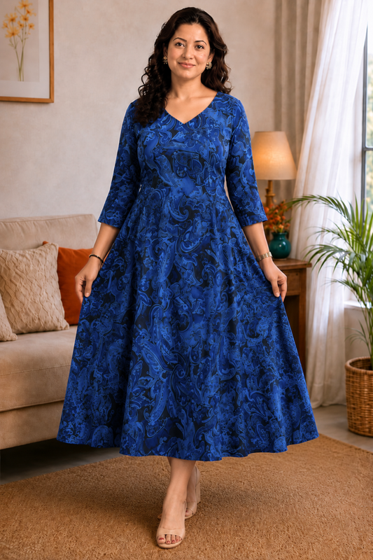 Azure Swirl Georgette Dress With Pockets