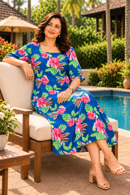 Azure Tropics Floral Dress With Pockets