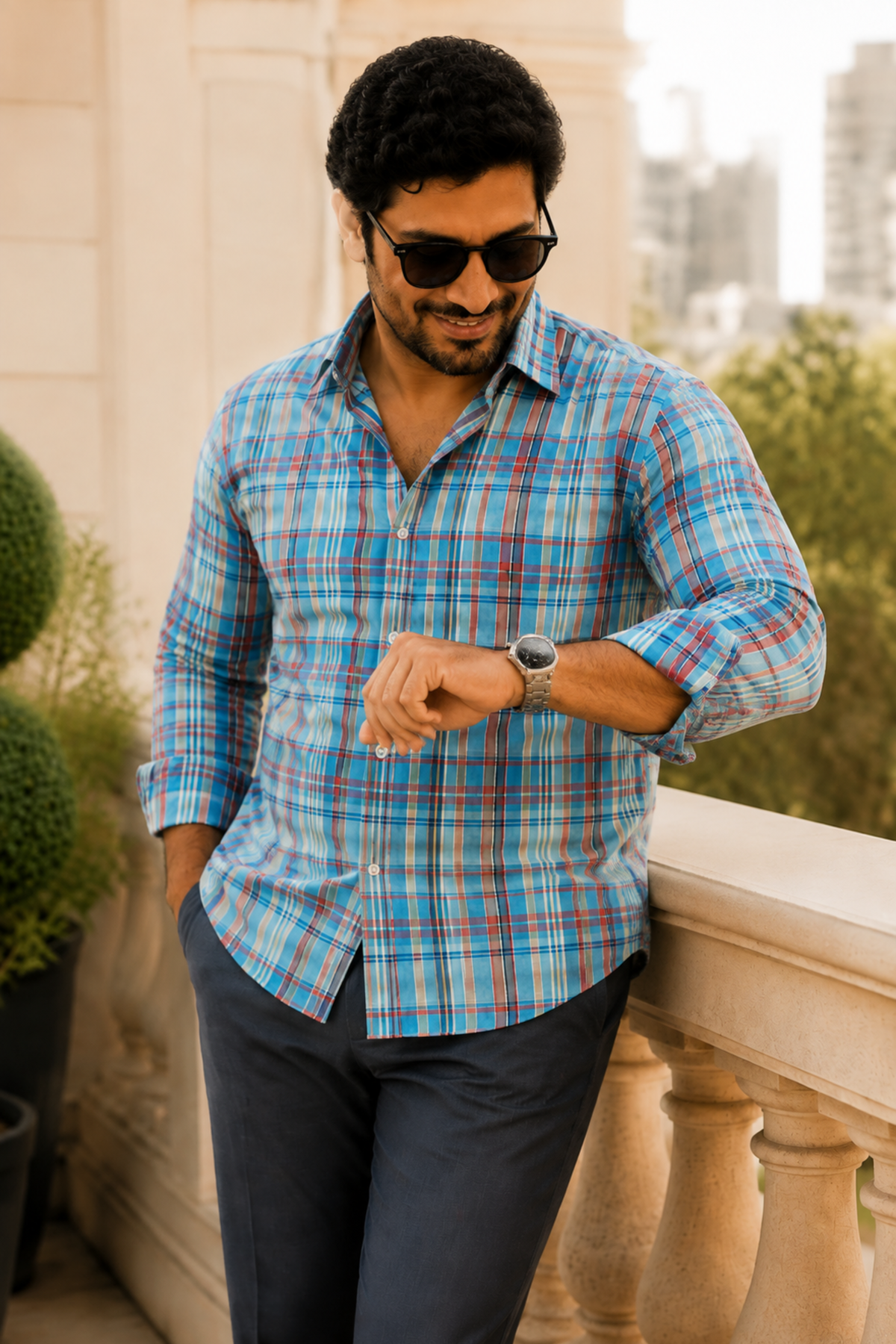 Azure Flair Check Cotton Shirt