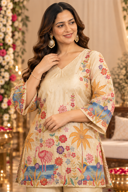 Baiza Beige Tissue Co-ord Set With Placement Work