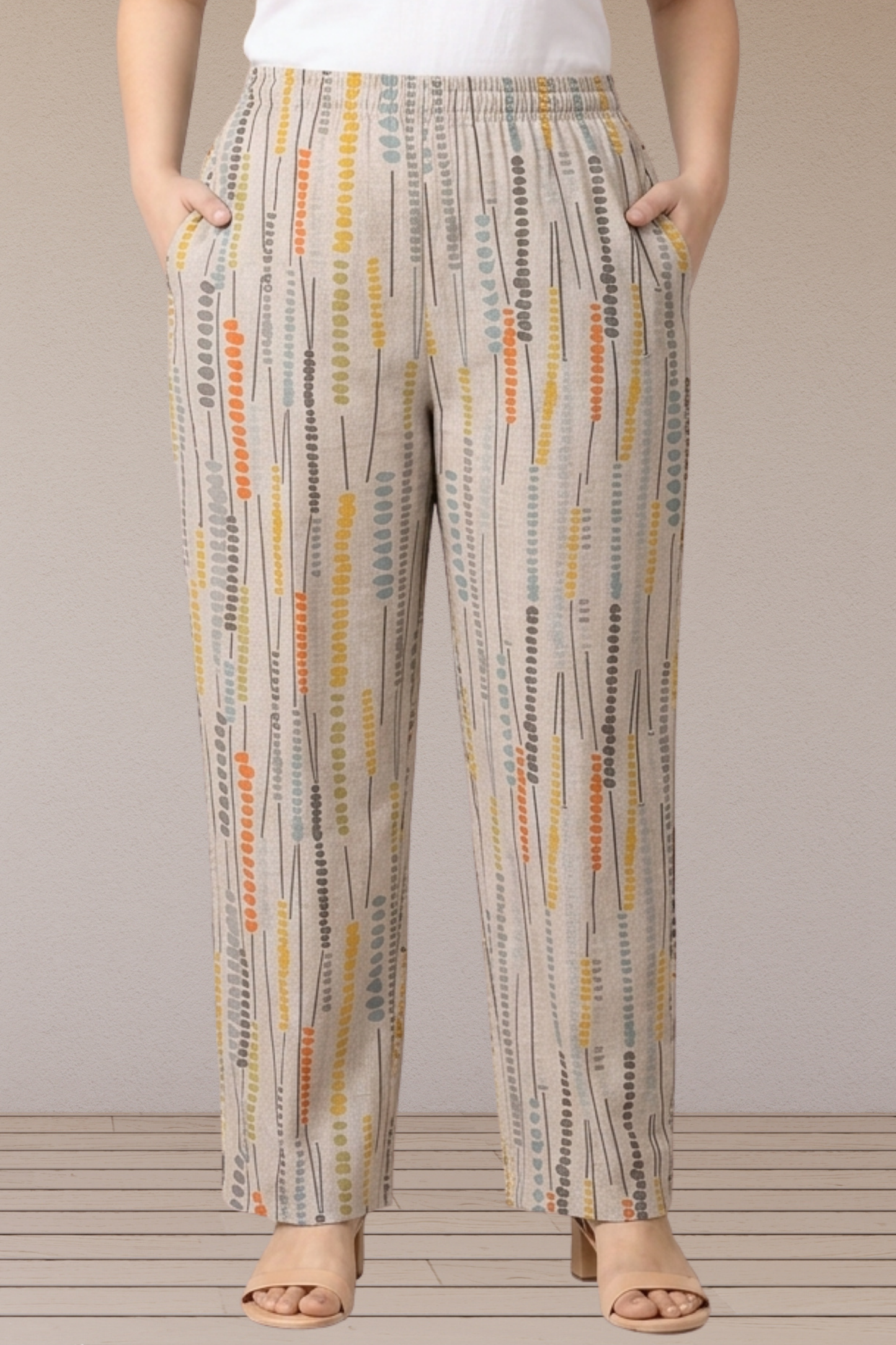 Beige Abstract Printed Cotton Pant