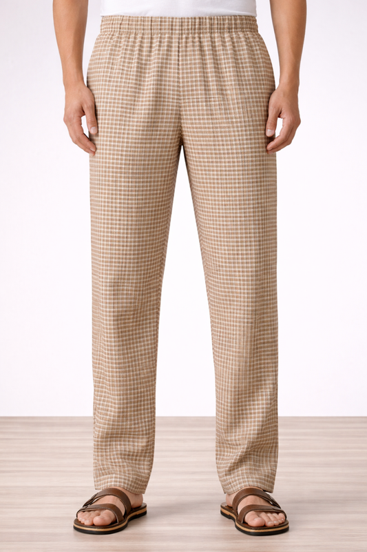 Beige Checked Poplin Cotton Pajama