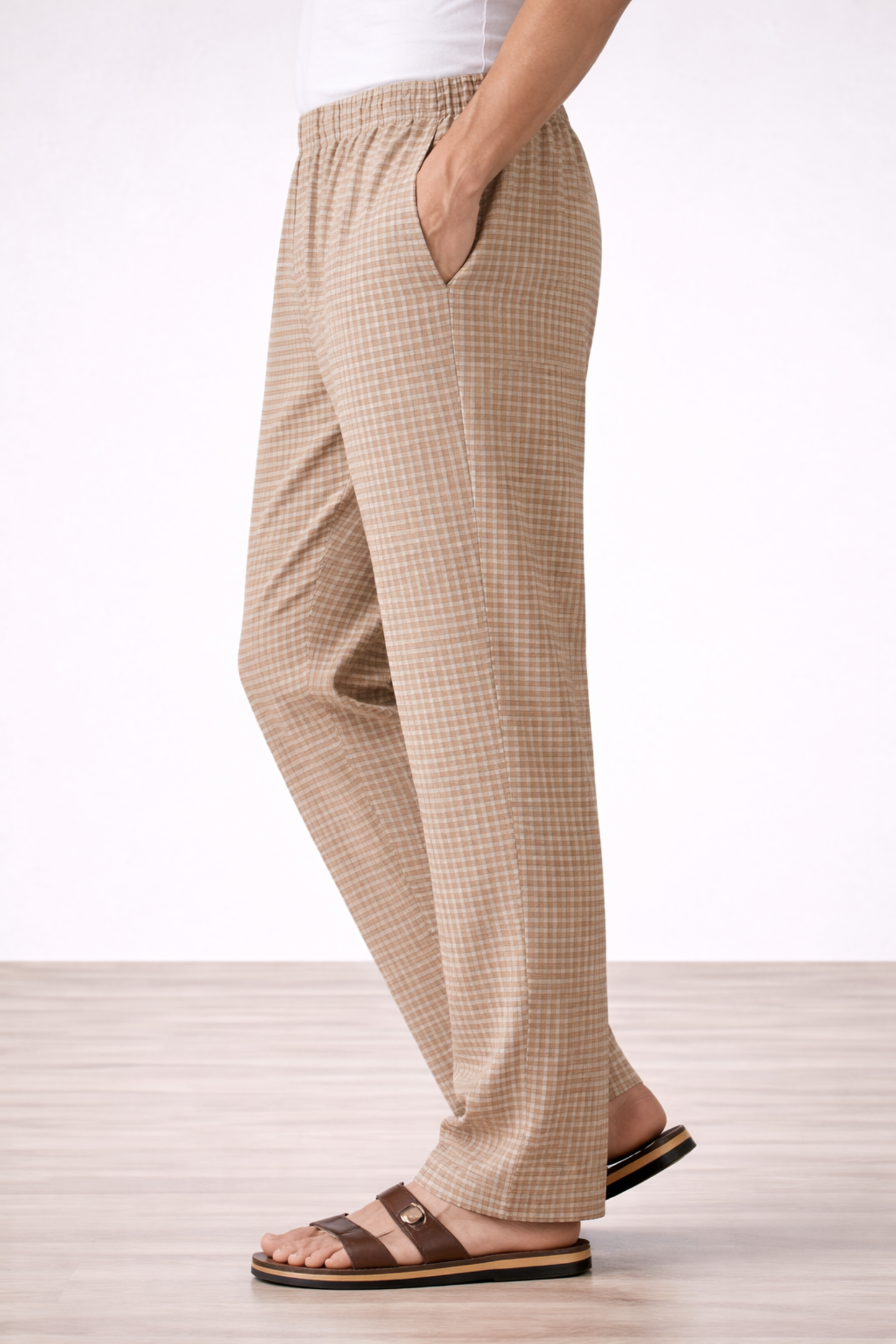 Beige Checked Poplin Cotton Pajama