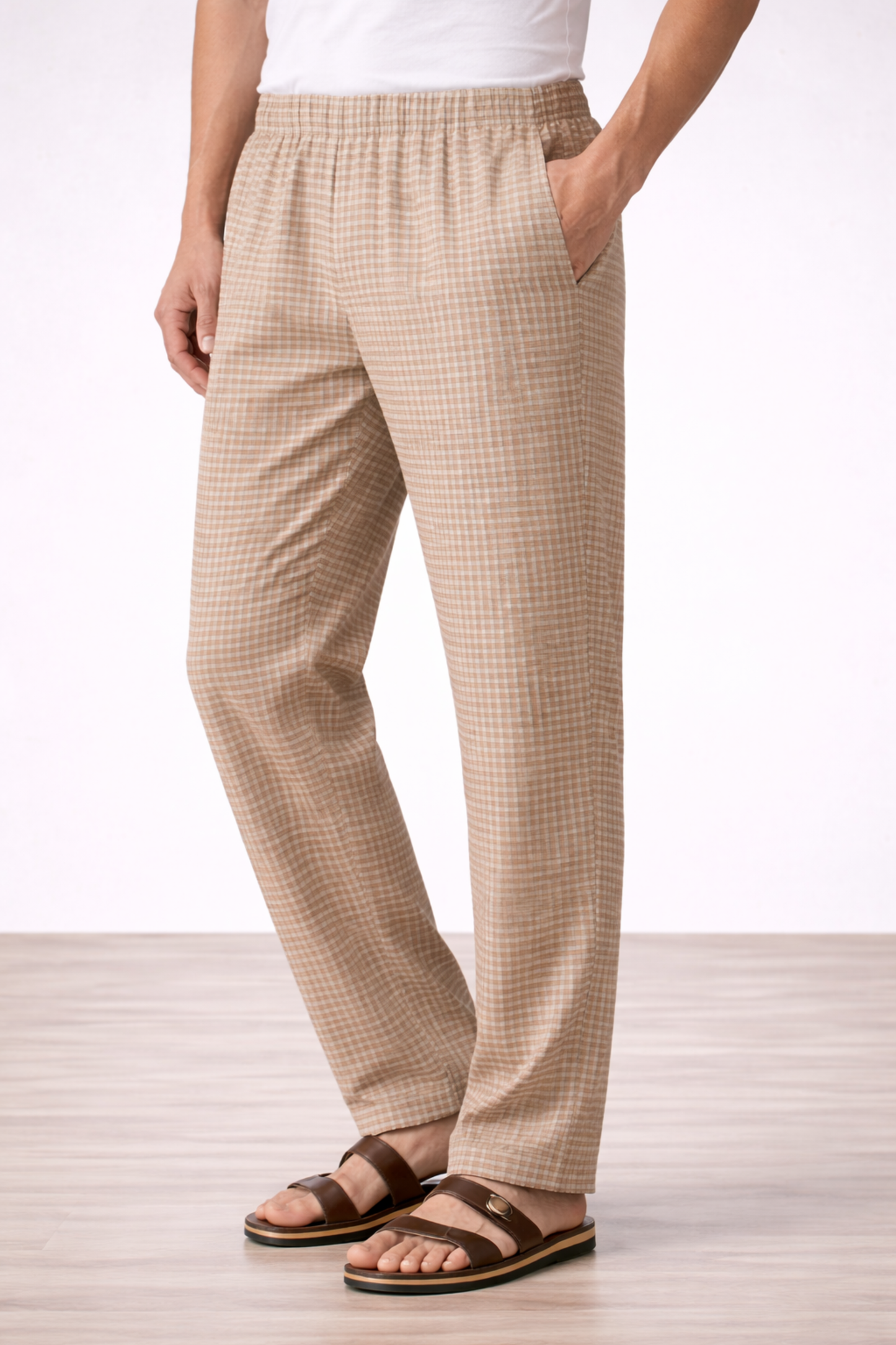 Beige Checked Poplin Cotton Pajama