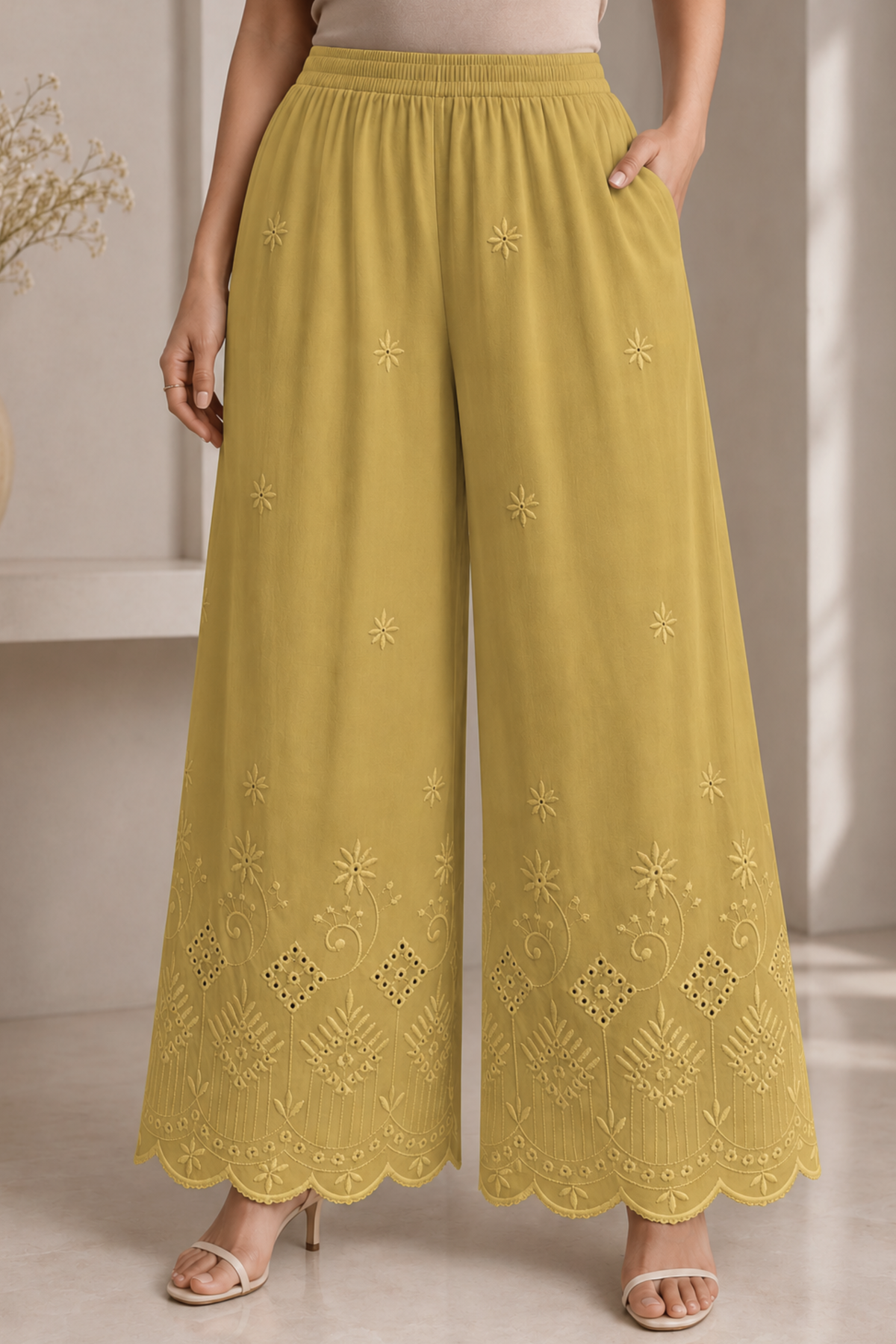 Beige Chikankari Flared Palazzo Pant