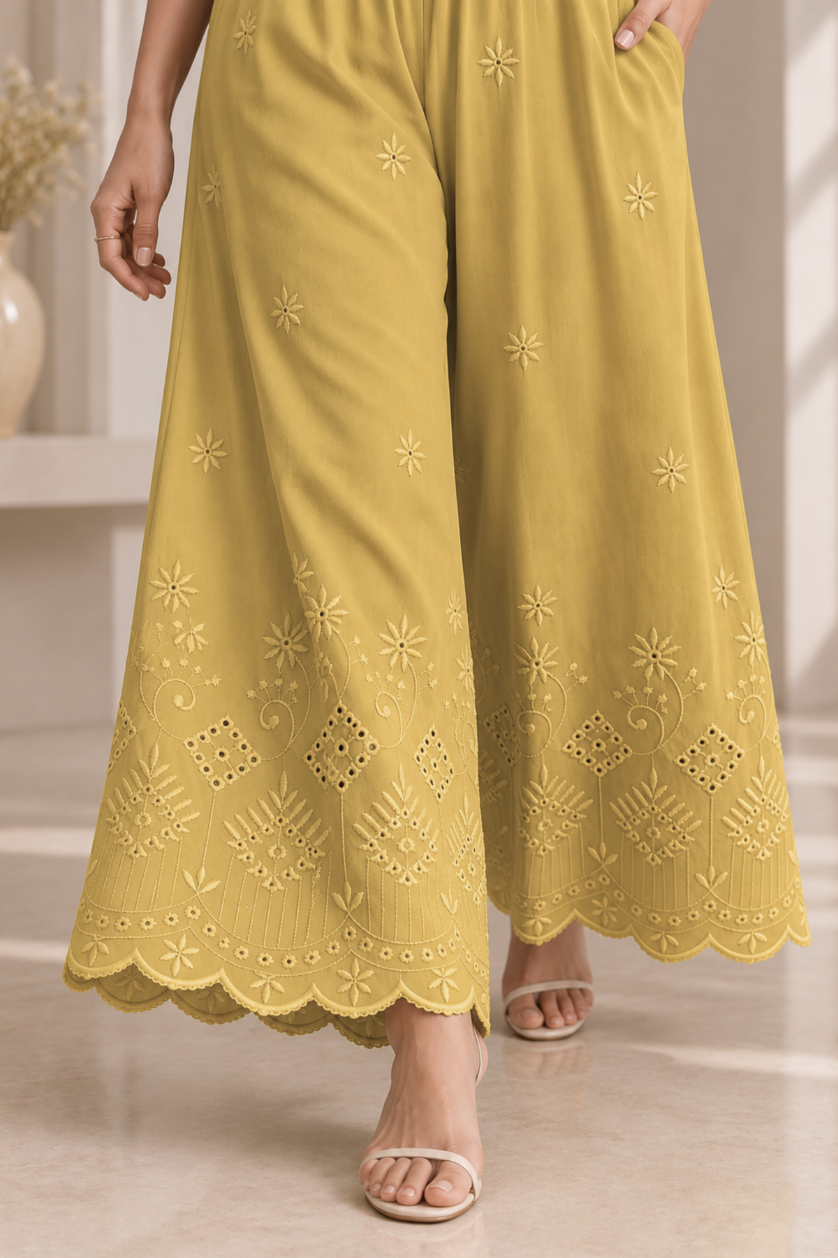 Beige Chikankari Flared Palazzo Pant