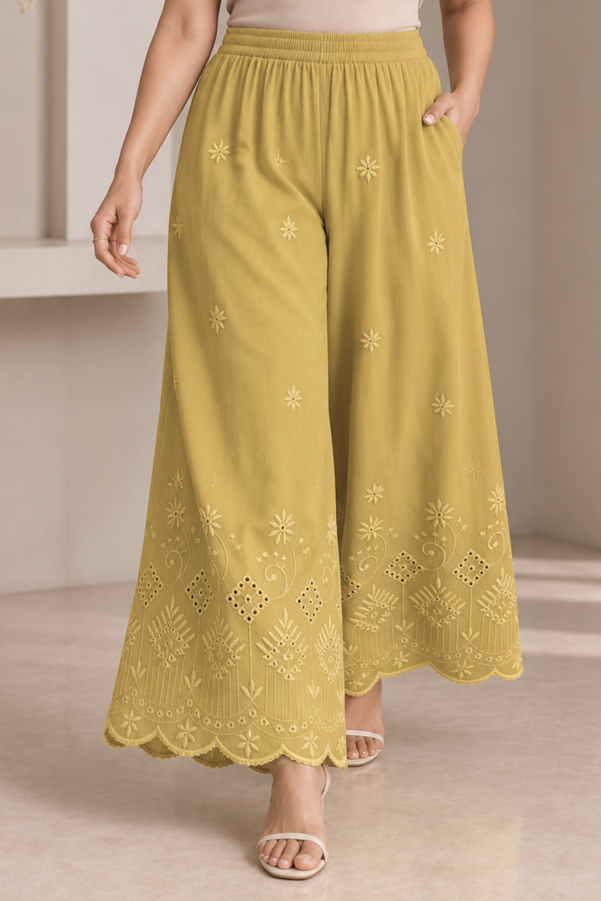 Beige Chikankari Flared Palazzo Pant