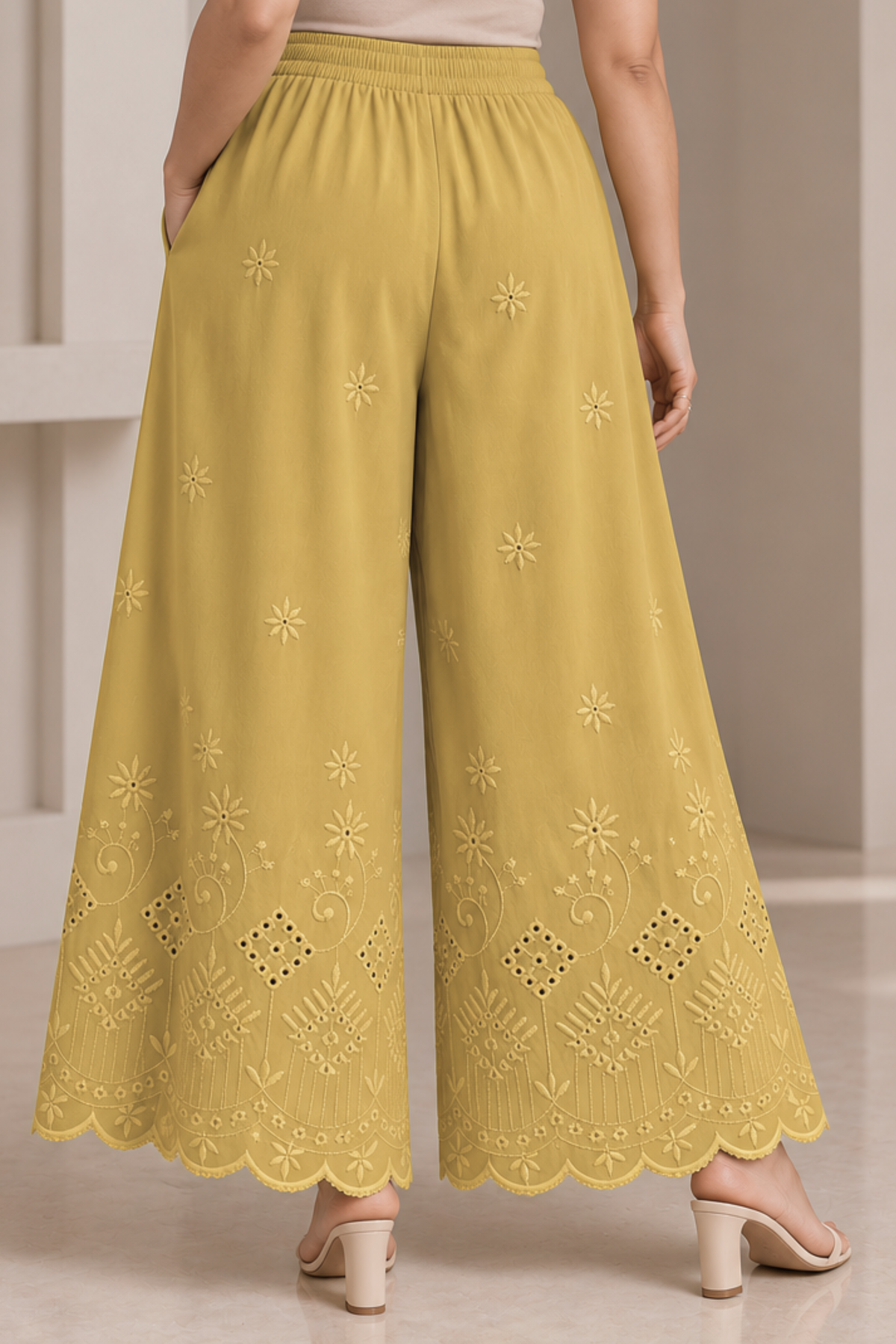 Beige Chikankari Flared Palazzo Pant