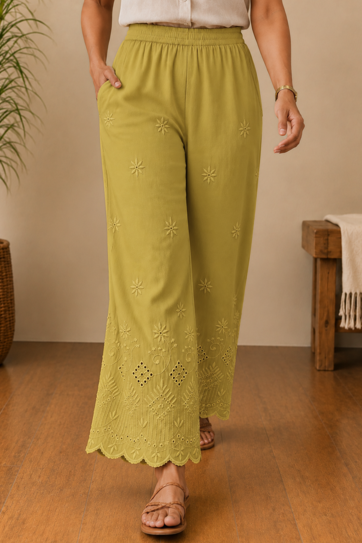 Beige Chikankari Pant Palazzo