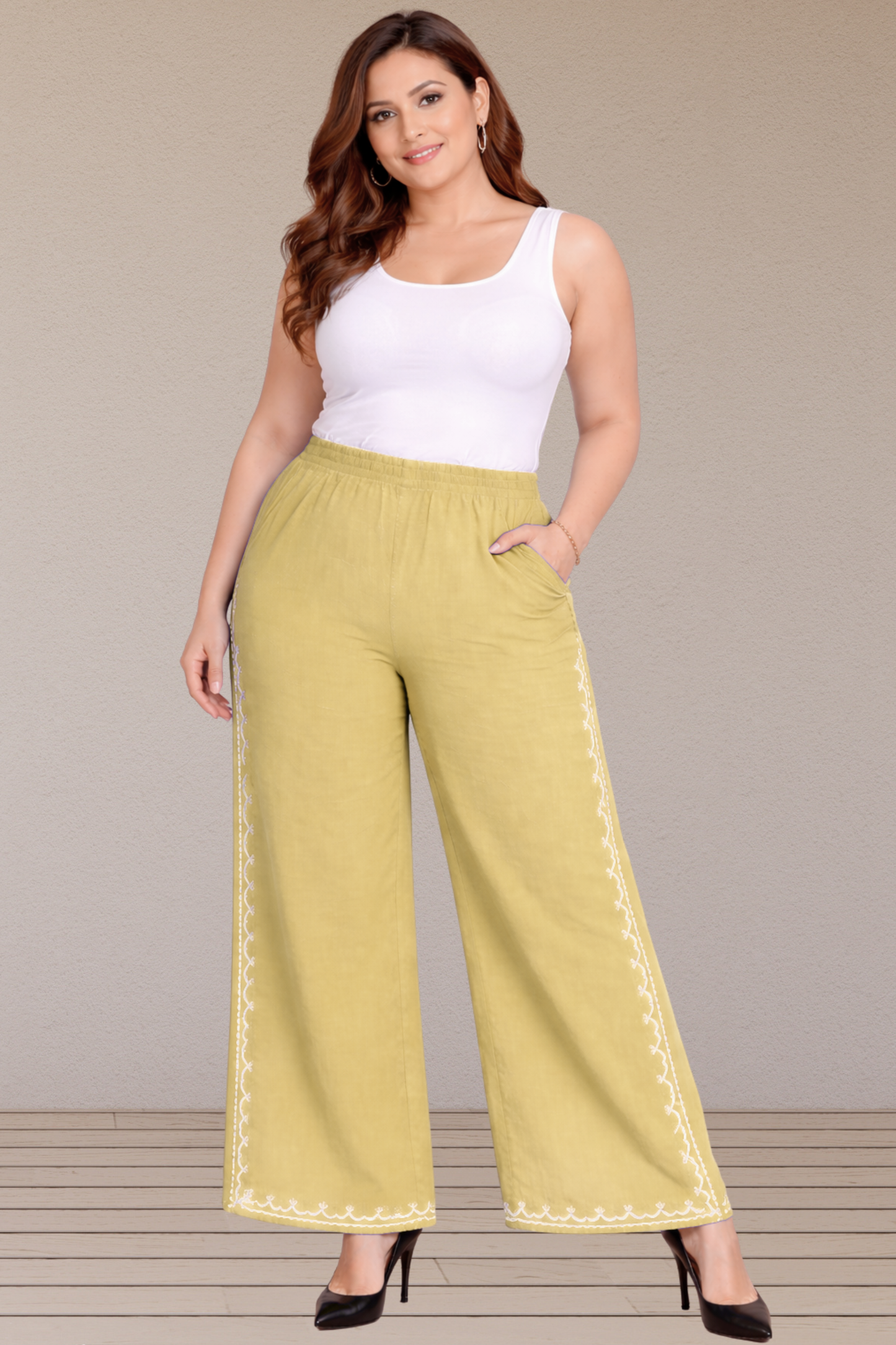 Beige Embroidered Cotton Palazzo
