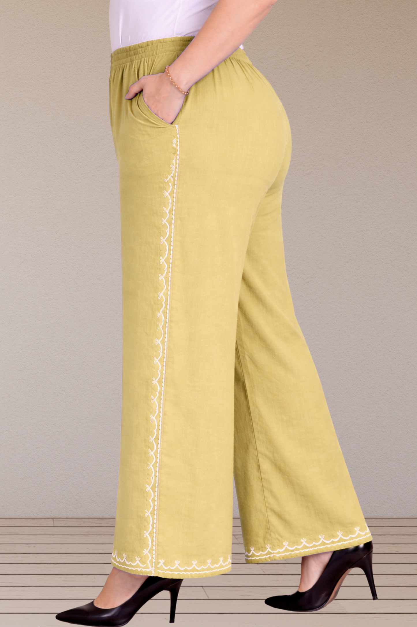 Beige Embroidered Cotton Palazzo