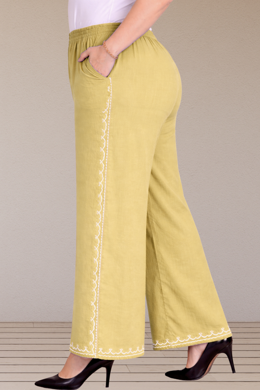 Beige Embroidered Cotton Palazzo