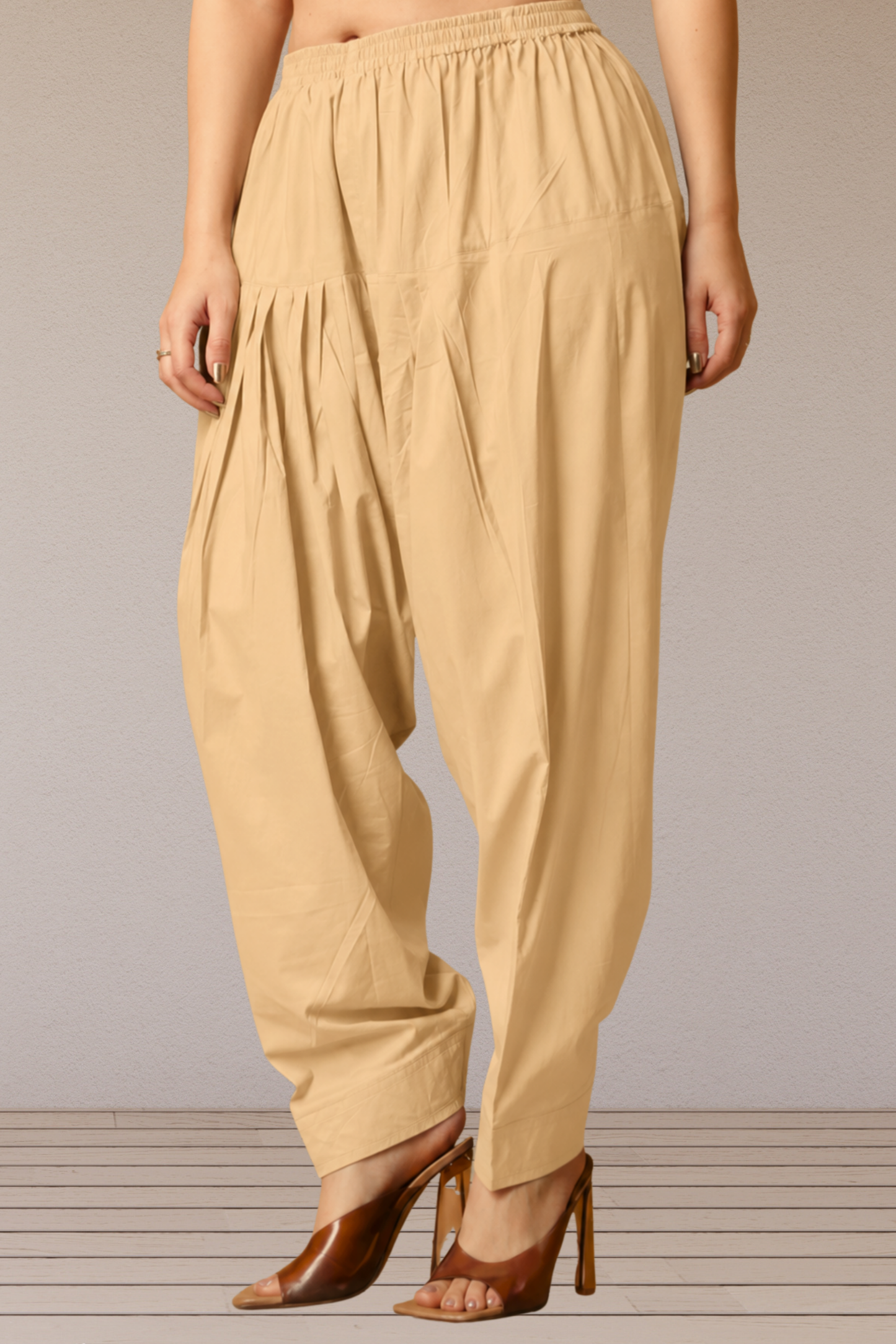 Beige Pleated Cotton Salwar